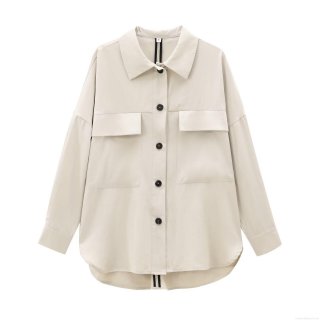 Women's French Design Shirt Jacket Mid-long Polyester Twill Blouse Long Sleeve Solid Color Pocket Top Casual Single-breasted Coat Apricot Minimalist Workwear For Ladies