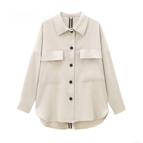 Women's French Design Shirt Jacket Mid-long Polyester Twill Blouse Long Sleeve Solid Color Pocket Top Casual Single-breasted Coat Apricot Minimalist Workwear For Ladies