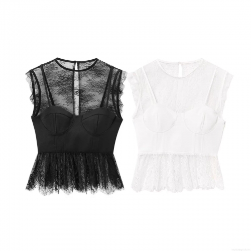 Women Sexy Lace Patchwork Bustier Top Elegant Round Neck Sleeveless Peplum Hem Solid Color Polyester Blend Fashion Tank Top For Summer Party Date Night Out
