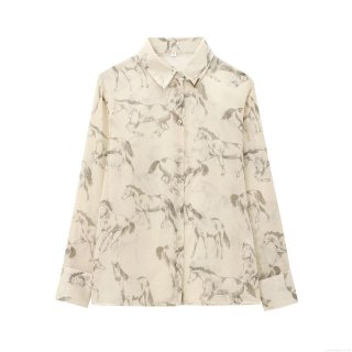 Women's Elegant Horse Print Chiffon Blouse Long Sleeve Semi-Transparent Button Down Casual Shirt Tops Beige Apricot