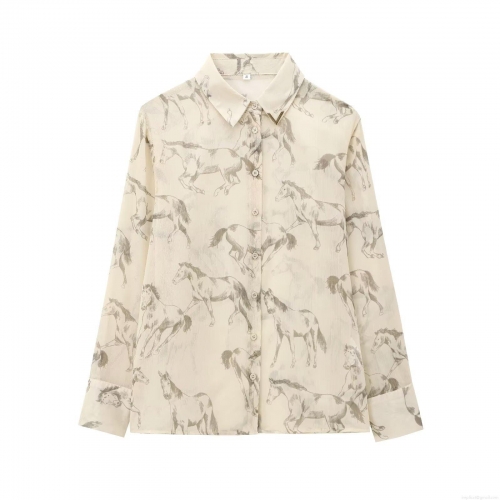 Women's Elegant Horse Print Chiffon Blouse Long Sleeve Semi-Transparent Button Down Casual Shirt Tops Beige Apricot