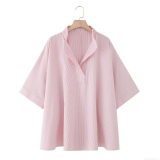 Women's 100% Cotton Striped Blouse Fashion Loose V-Neck Poncho Style Short Sleeve Shirt Casual Summer Tops For Women