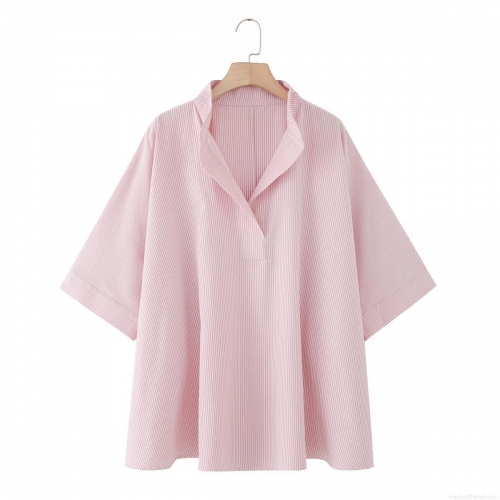 Women's 100% Cotton Striped Blouse Fashion Loose V-Neck Poncho Style Short Sleeve Shirt Casual Summer Tops For Women
