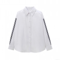 Women's Fashion Casual White Poplin Shirt With Contrast Side Stripe Long Sleeve Lapel Single Breasted Blouse For Daily Wear Lady Tops