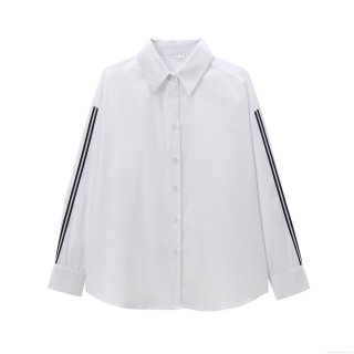 Women's Fashion Casual White Poplin Shirt With Contrast Side Stripe Long Sleeve Lapel Single Breasted Blouse For Daily Wear Lady Tops