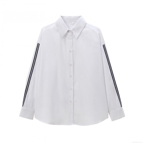 Women's Fashion Casual White Poplin Shirt With Contrast Side Stripe Long Sleeve Lapel Single Breasted Blouse For Daily Wear Lady Tops