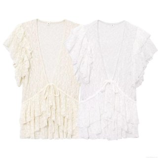 Women's Lace Short Sleeve V Neck Cardigan With Bow Tie Front Floral Hollow Out Crochet Lace Blouse Ruffle Trim Crop Top For Summer Vacation Party Sweet Style