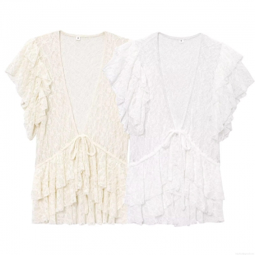 Women's Lace Short Sleeve V Neck Cardigan With Bow Tie Front Floral Hollow Out Crochet Lace Blouse Ruffle Trim Crop Top For Summer Vacation Party Sweet Style