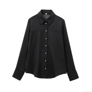 Women's Fashion Black Long Sleeve Shirt With Sheer Organza Patchwork Gold Buttons Casual Elegant Blouse For Dating Party Office Ladies