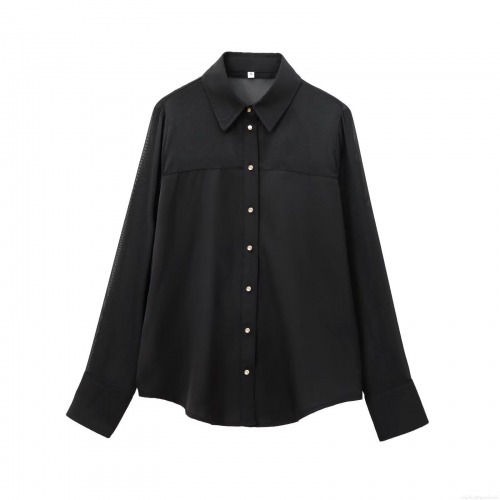 Women's Fashion Black Long Sleeve Shirt With Sheer Organza Patchwork Gold Buttons Casual Elegant Blouse For Dating Party Office Ladies