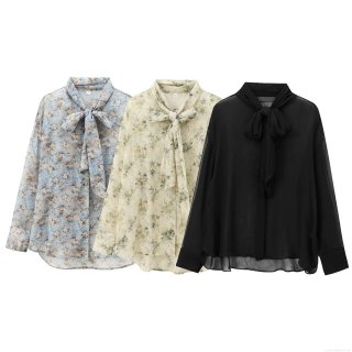 Women's Elegant Floral Bow Tie Neck Chiffon Blouse Long Sleeve Button Up Shirt Casual Office Lady Lightweight Polyester Tops Spring Autumn Fashion