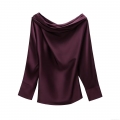 Women's Elegant Cowl Neck Satin Long Sleeve Top Casual Loose Drape Pullover Solid Color Silky Polyester Blouse for Party Daily Autumn Winter