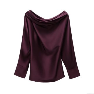 Women's Elegant Cowl Neck Satin Long Sleeve Top Casual Loose Drape Pullover Solid Color Silky Polyester Blouse for Party Daily Autumn Winter