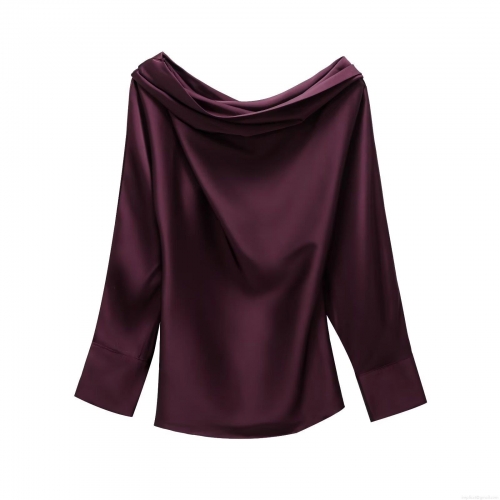 Women's Elegant Cowl Neck Satin Long Sleeve Top Casual Loose Drape Pullover Solid Color Silky Polyester Blouse for Party Daily Autumn Winter