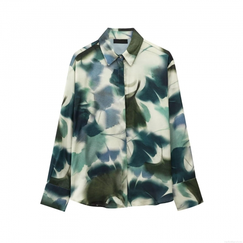 Women's Long Sleeve Shirt Elegant Satin Polyester Abstract Floral Leaf Print Socialite Chic Lapel Button Down Blouse For Office Casual Party Ladies Trendy Tops