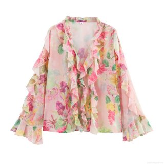 Women's Elegant Floral Print Chiffon Blouse V Neck Ruffle Trim Long Sleeve Polyester Shirt Fashion Casual Spring Summer Tops for Ladies