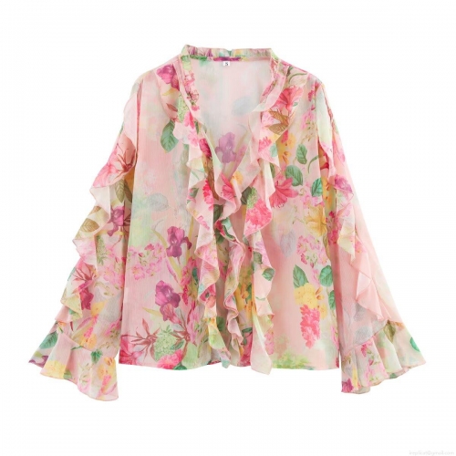 Women's Elegant Floral Print Chiffon Blouse V Neck Ruffle Trim Long Sleeve Polyester Shirt Fashion Casual Spring Summer Tops for Ladies