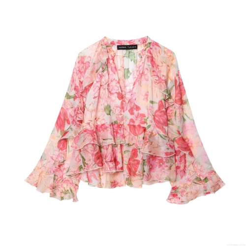 Women's Elegant Floral Print Chiffon Blouse V-Neck Layered Ruffle Long Trumpet Sleeve Fashion Shirt Top For Lady Daily Vacation