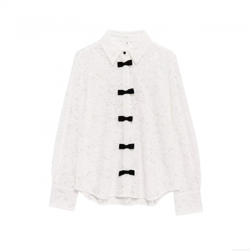 Women Elegant Hollow Out Lace Blouse Shirt With Black Bow Decorations Polyester Long Sleeve Single-Breasted Shirt Collar Top For Party Date Wedding Season Sweet Style
