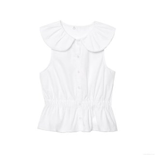 Women's Elegant White Sleeveless Blouse Featuring Oversized Ruffle Peter Pan Collar Minimalist Solid Color Button Up Peplum Top Sweet Summer Shirt