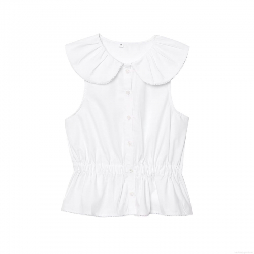 Women's Elegant White Sleeveless Blouse Featuring Oversized Ruffle Peter Pan Collar Minimalist Solid Color Button Up Peplum Top Sweet Summer Shirt