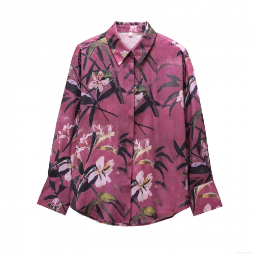 Elegant Floral Print Satin Blouse For Women Long Sleeve Lapel Neck Button Down Polyester Shirt Office Lady Casual Fashion Tops