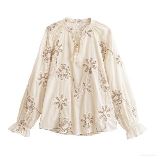 Women Bohemian Embroidery Blouse Long Sleeve Round Neck Tassel Drawstring Loose Shirt Casual Retro Ivory Tops For Women Vacation Beach Party Daily Wear