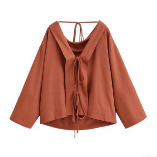 Women's Long Sleeve Blouse Fashion Solid Color V-Neck Tie Front Back Two-Way Wear Shirt Casual Polyester Linen Texture Top For Lady Spring Autumn