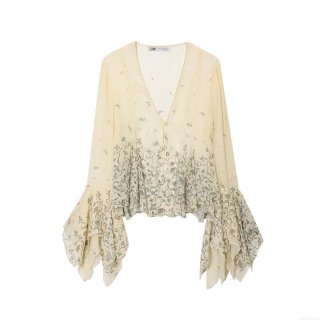 Women's Elegant Floral Print Chiffon Blouse V-Neck Long Flared Sleeve Ruffle Hem Pullover Shirt Casual Beige Polyester Tops For Women