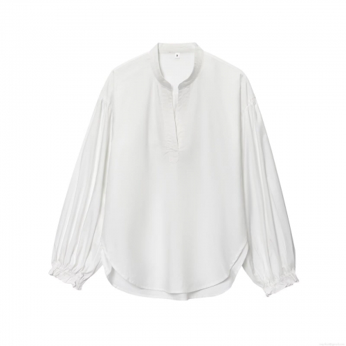 Women's V-Neck Long Sleeve Blouse Elegant Washed Cotton Polyester Shirt Bubble Sleeve Solid Color Casual Tops for Women Office Dating