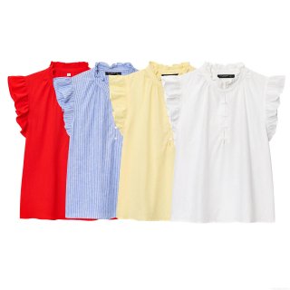 Women's Elegant Ruffle Short Sleeve Blouse Stand Collar Button Down Shirt 100% Polyester Cotton Feel Summer Casual Solid Striped Tops for Lady