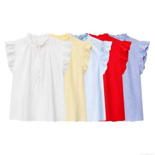 Women's Ruffle Trim Sleeveless Blouse Summer Mock Neck Button Down Shirt Flutter Sleeve Loose Casual Top Lightweight Polyester Woven Tee for Women Streetwear