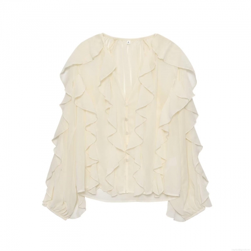 Women Elegant Ruffle Chiffon Blouse V Neck Long Sleeve Solid Color Lantern Sleeve Shirt Tops For Vacation Party Ladies Fashion