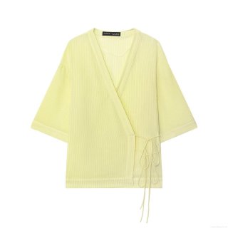 Women's Striped Kimono Style Wrap Blouse Slub Cotton V-Neck 3/4 Sleeve Casual Tie Side Bow Shirt For Daily Vacation Light Yellow Top