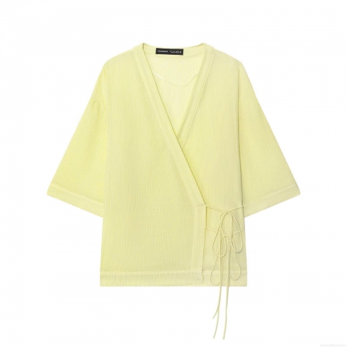 Women's Striped Kimono Style Wrap Blouse Slub Cotton V-Neck 3/4 Sleeve Casual Tie Side Bow Shirt For Daily Vacation Light Yellow Top