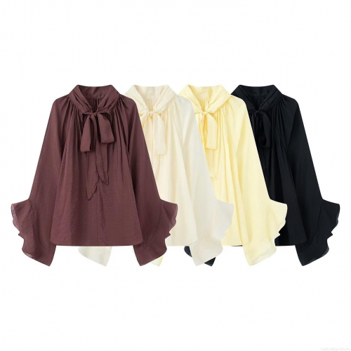 Women's Elegant Chiffon Blouse Long Sleeve Bow Tie Neck Ruffled Flared Sleeve Solid Color Pleated Loose Top For Party Office Lady