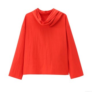 Women Elegant Scarf Neck Blouse Solid Color Asymmetric Drape Zipper Long Sleeve Polyester Shirt Casual Fashion Celebrity Style Tops