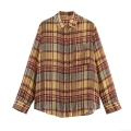 Women's Casual Retro Plaid Shirt Long Sleeve Linen Blend Button Down Checkered Blouse With Chest Pocket For Daily Wear Spring Autumn