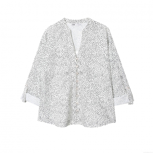 Women Fashion Polka Dot Blouse V Neck Long Sleeve Roll Up Shirt With Pearl Buttons Casual Office Wear Elegant White Black Printed Tops