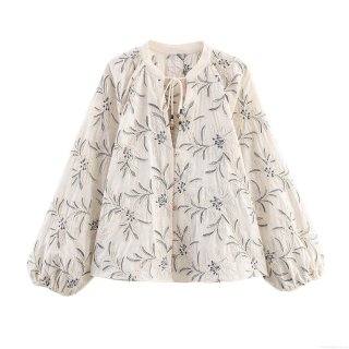 Women's Vintage Bohemian Floral Embroidered Blouse Lantern Sleeve Tie V-Neck Ethnic Style Long Sleeve Top Casual Cotton Linen Texture Shirt for Women