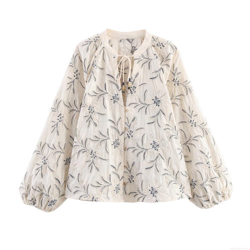 Women's Vintage Bohemian Floral Embroidered Blouse Lantern Sleeve Tie V-Neck Ethnic Style Long Sleeve Top Casual Cotton Linen Texture Shirt for Women
