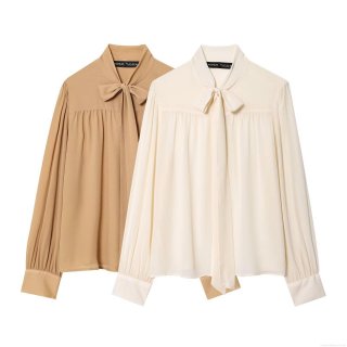 Women's Elegant Pearl Chiffon Blouse With Bow Tie Neck Long Sleeve Solid Color Casual Shirt Top For Office Dating Ladies Fashion Workwear