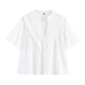 Women's Elegant White V Neck Blouse 85% Cotton Lace Trim Ruffle Lantern Short Sleeve Button Down Casual Top Shirt for Women