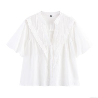 Women's Elegant White V Neck Blouse 85% Cotton Lace Trim Ruffle Lantern Short Sleeve Button Down Casual Top Shirt for Women