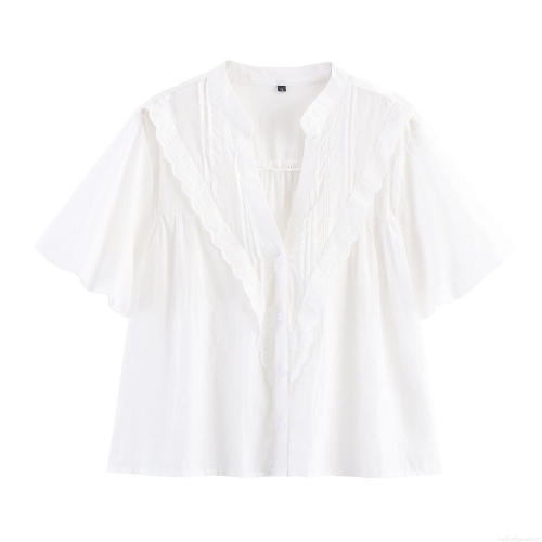 Women's Elegant White V Neck Blouse 85% Cotton Lace Trim Ruffle Lantern Short Sleeve Button Down Casual Top Shirt for Women