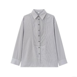 French Elegant Vertical Stripe Shirt Women Long Sleeve Button Down Polyester Blouse Casual Lapel Top For Office Daily Wear