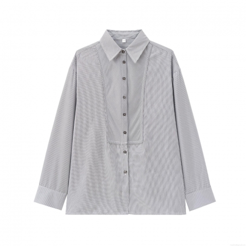 French Elegant Vertical Stripe Shirt Women Long Sleeve Button Down Polyester Blouse Casual Lapel Top For Office Daily Wear