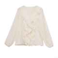 Elegant Off White V Neck Ruffle Long Sleeve Blouse For Women French Style Loose Solid Color Button Down Shirt Office Commuter Tops