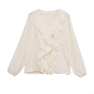 Elegant Off White V Neck Ruffle Long Sleeve Blouse For Women French Style Loose Solid Color Button Down Shirt Office Commuter Tops
