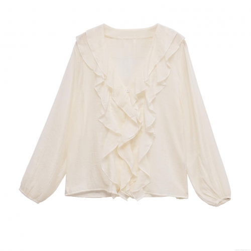 Elegant Off White V Neck Ruffle Long Sleeve Blouse For Women French Style Loose Solid Color Button Down Shirt Office Commuter Tops